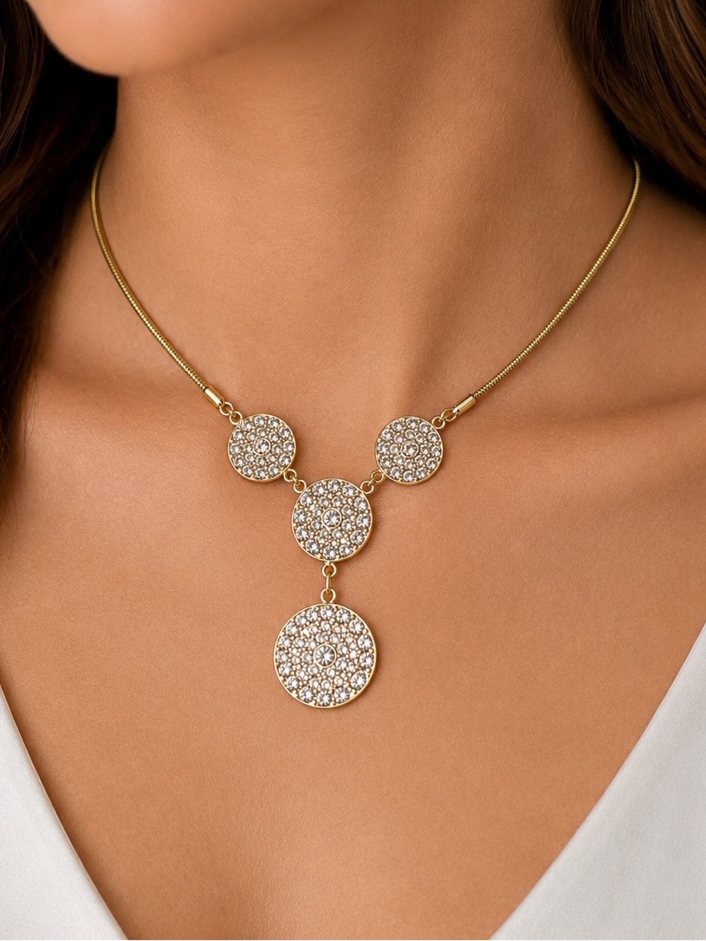 Gold Tone Rhinestone Y Necklace Snake Chain Clear Crystal Disc Drop 16”